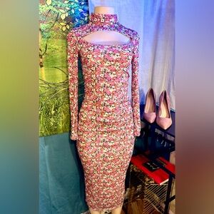 SALENOW•Zara Pink Floral Long-Sleeve Cutout Midi Dress